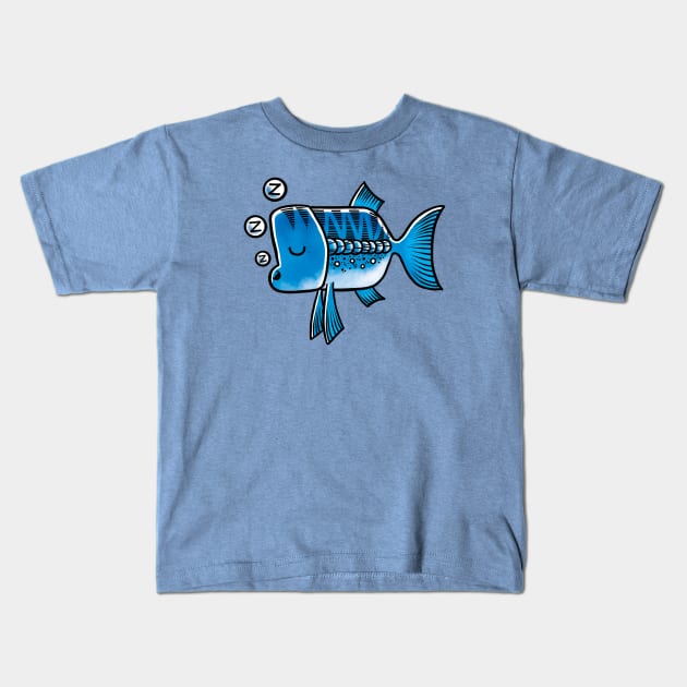 Sleepy Blue Fish Kids T-Shirt by Wozzozz